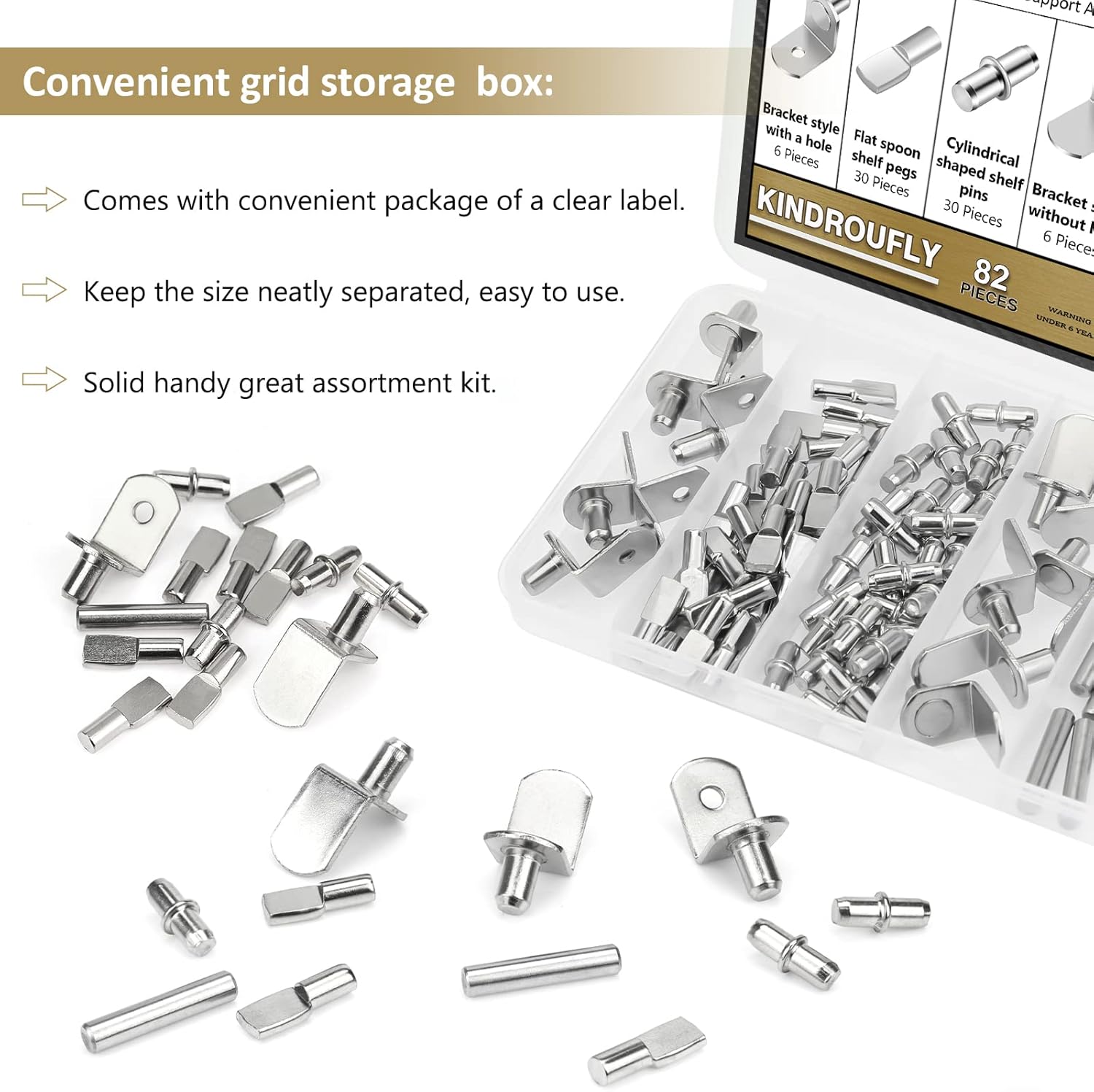 82-Piece 5-Style Metal Shelf Peg Kit - Adjustable Shelf Pins for Bookcases, Cabinets & Wood Shelving