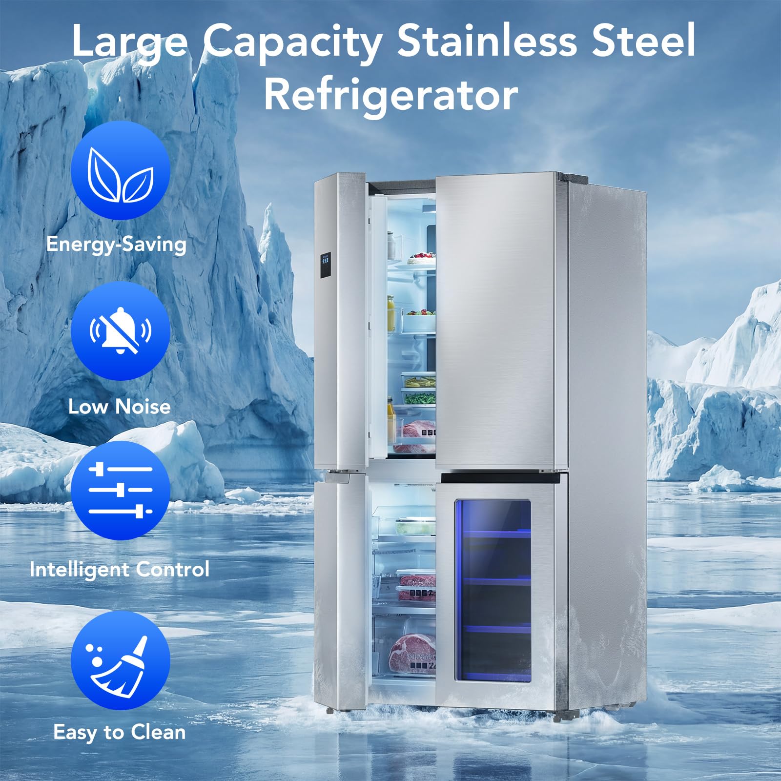 Cowsar 36-Inch And 21 Cu. Ft. Counter Depth French Door Refrigerator With Wine Cabinet And 4 Doors Kitchen Deep Freezer In Stainless-Steel on Fridge.com - View 5