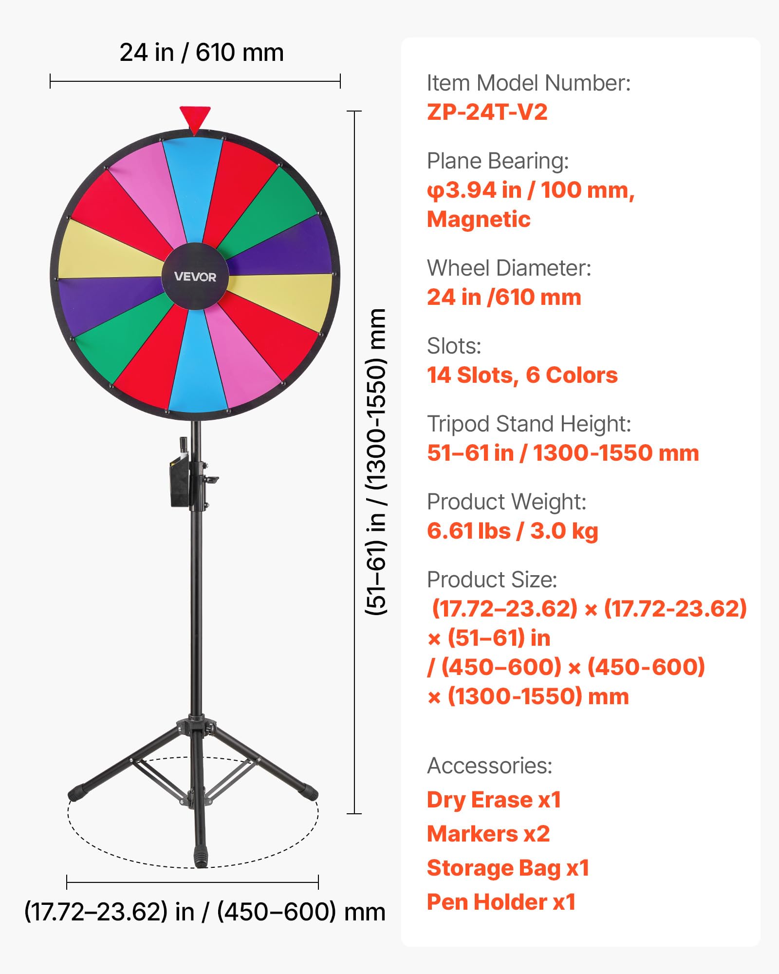 VEVOR Ruota dei Premi Girevole da 610 mm, Ruota Girevole a 14 Slot con Treppiede, Altezza Regolabile, Roulette Win Fortune con Cancellabile a Secco e 2 Pennarelli, 6 Colori, per Feste, Pub, Carnevale