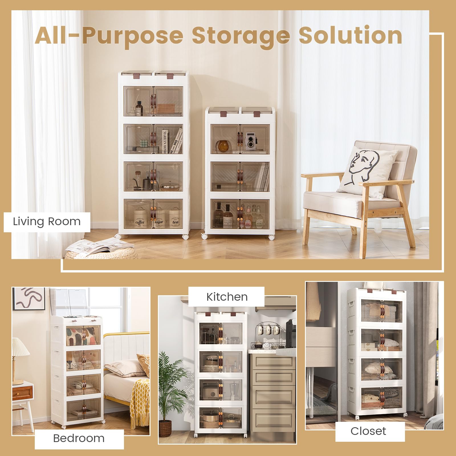 GIANTEX Contenedor Plástico de Almacenamiento 210 L, Caja Apilables con Tapa y Ruedas, Carrito de Almacenaje con 4 Cubos Apilables, Caja Organizador para Salón, Dormitorio (4 Niveles)