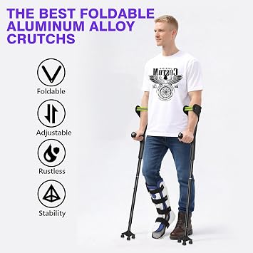 Forearm Crutches (One Pair) for Adults, Folding Forearm Crutches Adults Lightweight Height-Adjustable, Open Cuff, Aluminium with Rubber Ergonomic Handles