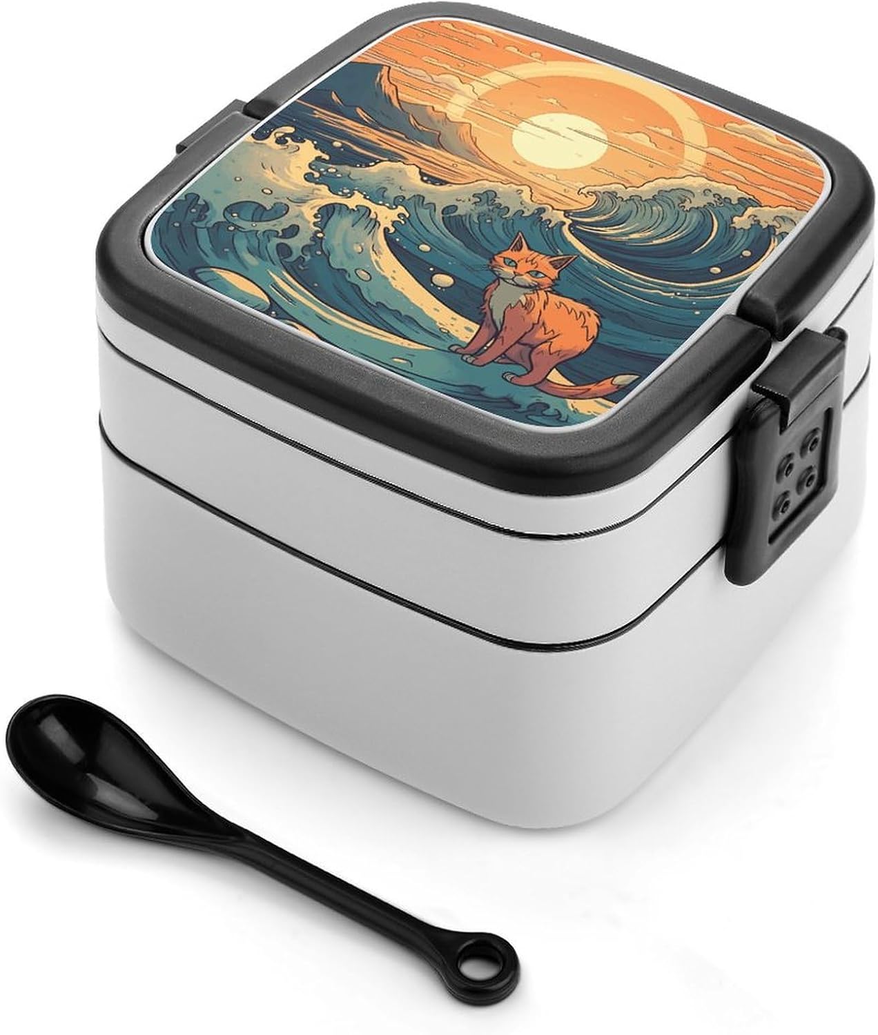 Anime Style Cat Bento Box Double Layer Lunch Box Leakproof One-piece Stackable Lunchbox for Adults with Spoon And Handle Bento Boxes for Work Picnics And Travel