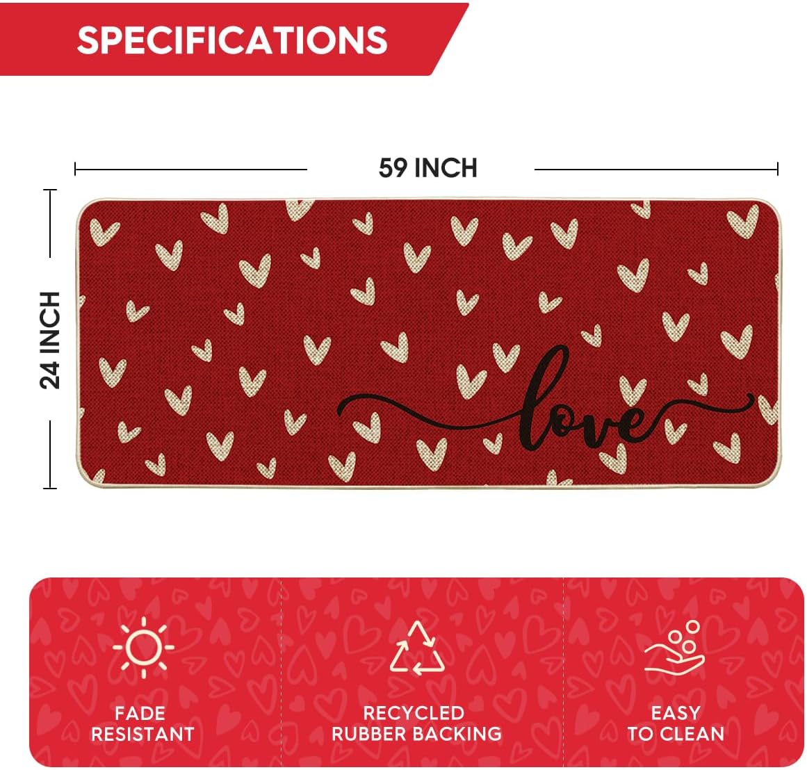Artoid Mode Red Love Valentine's Welcome Decorative Doormat, Seasonal Anniversary Wedding Low-Profile Mat Runner Rug for Indoor Outdoor 24x59 Inch