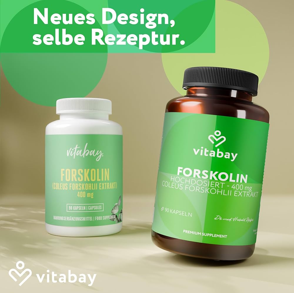 Bottles of Forskolin supplement (vitabay Forskolin capsules) product packaging
