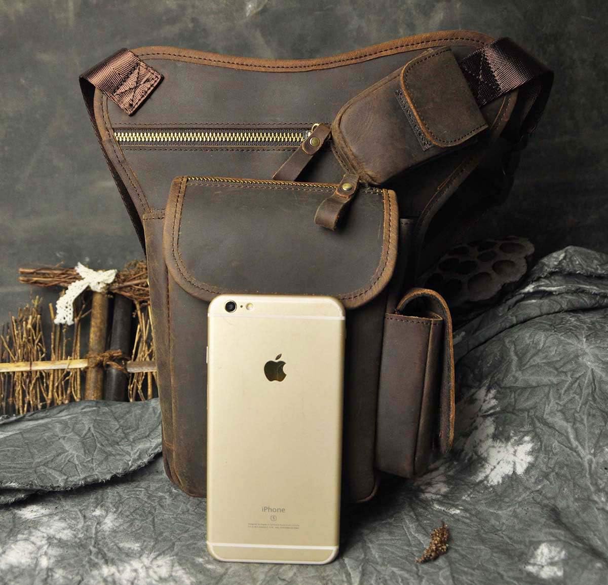 Le'aokuu Mens Genuine Leather Motorcycle Hiking Belt Waist Hip Bum Pack Drop Leg Bag Pouch 3106