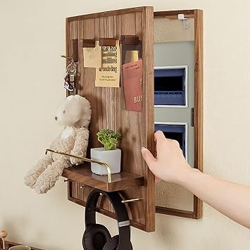 XOOFMASS Wall Mounted Electrical Panel Cover Electric Meter Box Decorative Painting with Shelf & Hooks, Wooden Hide Electrical Panel Meter Breaker Cover for Living Room Office,23.619.7/6050cm