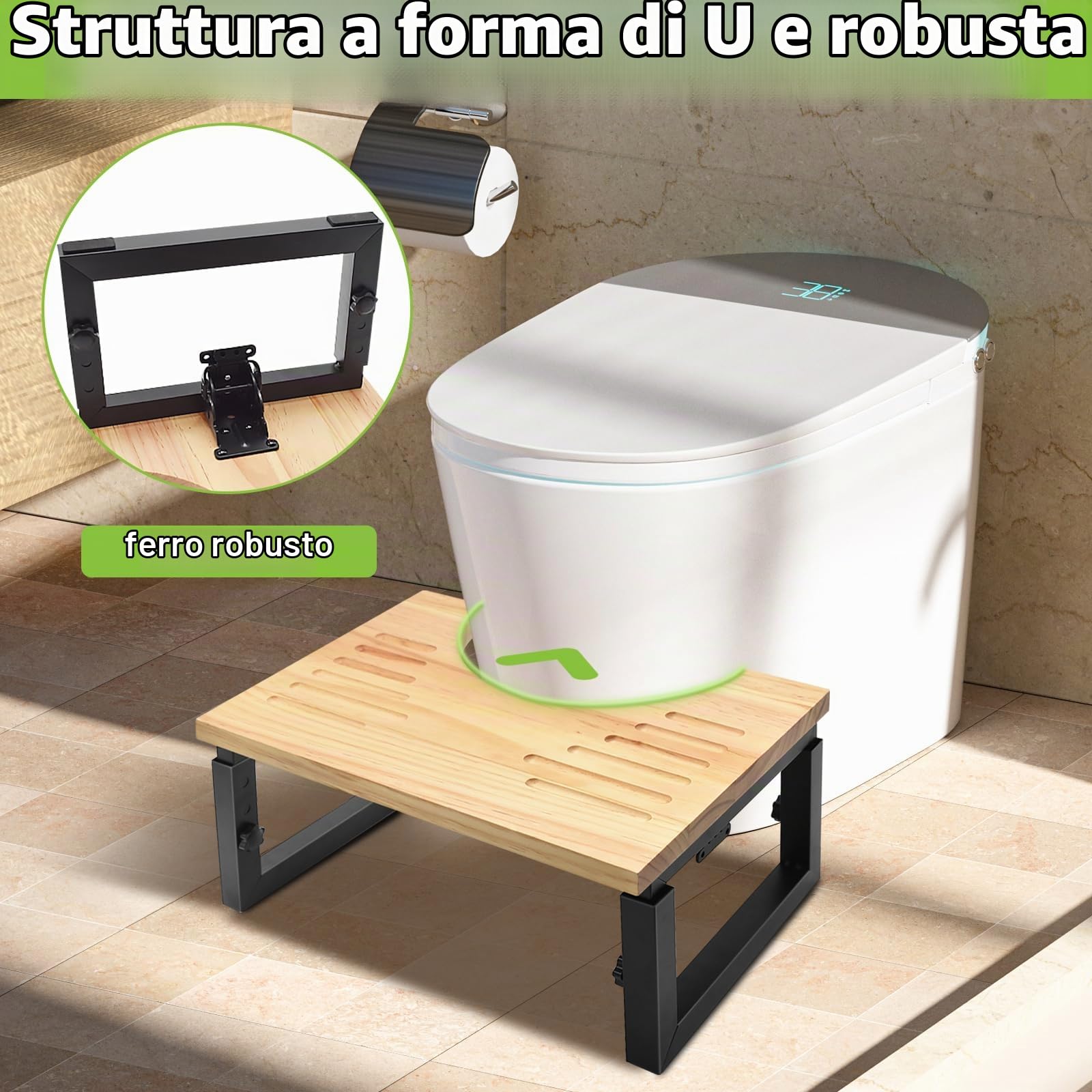 Sgabello WC Pieghevole in Legno, Altezza Regolabile Sgabello Poggiapiedi Bagno con Pad Antiscivolo, Squatty Toilette per Adulti Bambini e Anziani