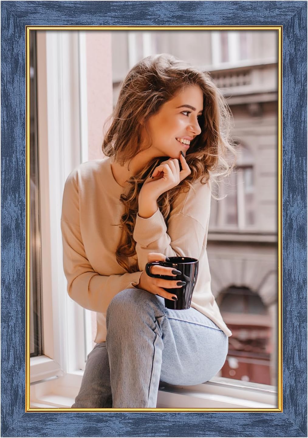12x18 Blue Wood Frame with Gold Trim, Natural Wooden 18x12in Picture Frames, For 12 x 18inch Gallery Photo Pic with HD Plexiglass, 1.85in Widen, Horizontal Vertical Wall Display 1Pcs
