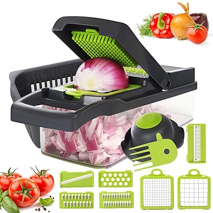 Vegetable Chopper, 12 in 1 Mandoline Slicer Food & Onion Chopper Cuber Cutter Onion Dicer, Veggie Slicer Manual for Garlic, Cabbage, Carrot, Potato, Tomato, Fruit, Salad (Green)