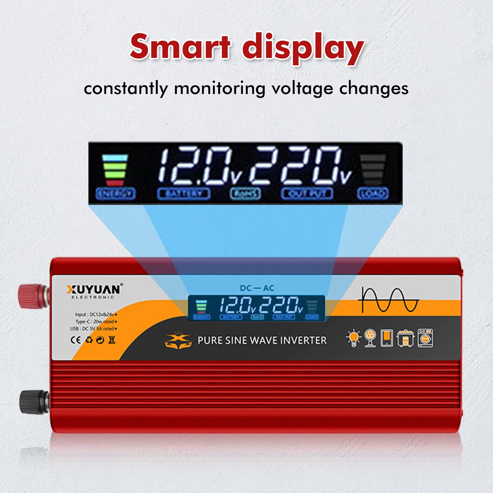 GAOUTO 800W/400W Wechselrichter 12v&24v auf 220V Reiner Sinus Wechselrichter, LCD-Bildschirmanzeige, Spannungswandler mit 1 EU-Steckdose & 1 Typ-C & USB Anschluss, 5V/3A USB-Anschluss für LKW, Rot