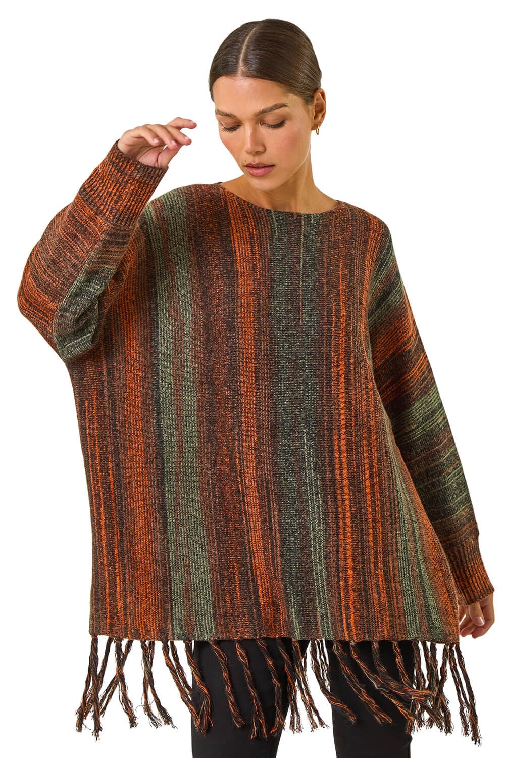 Roman Originals Women's Rust Fringe Hem Knit Longline Jumper For Uk - Everyday Autumn Winter Shawl Collar Comfy Soft Evening Vacation Work Party Night Out - Size 12