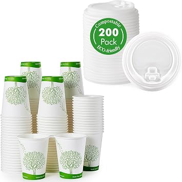 ECOLipak 240 Count 12 oz Compostable Paper Coffee Cups and 200 Count CPLA Lid, Eco-friendly Hot Drinking Cups for Party, Picnic, Travel,and Events