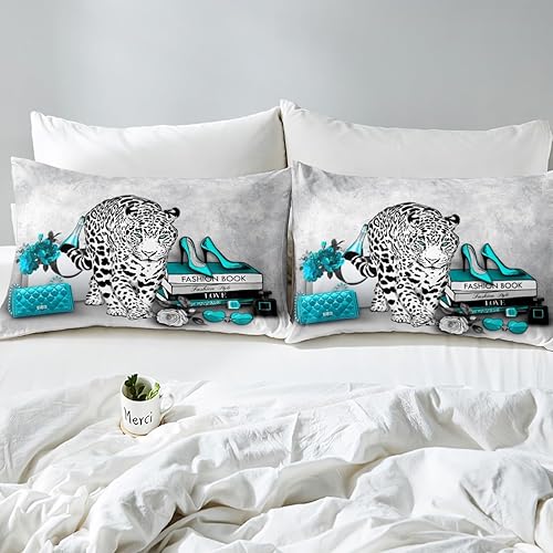 Miniatura 6 de Juego de sábanas de leopardo a la moda para niños y niñas, tamaño matrimonial, vintage, gris, pavo real, azul, animales salvajes, piel de guepardo,