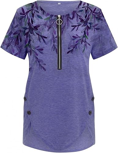 Miniatura 2 de Apfopard Summer Tops for Women 2022 Casual Loose Zipper Round Neck Short Sleeve Shirt Asymmetrical Button Hem Tunic Top