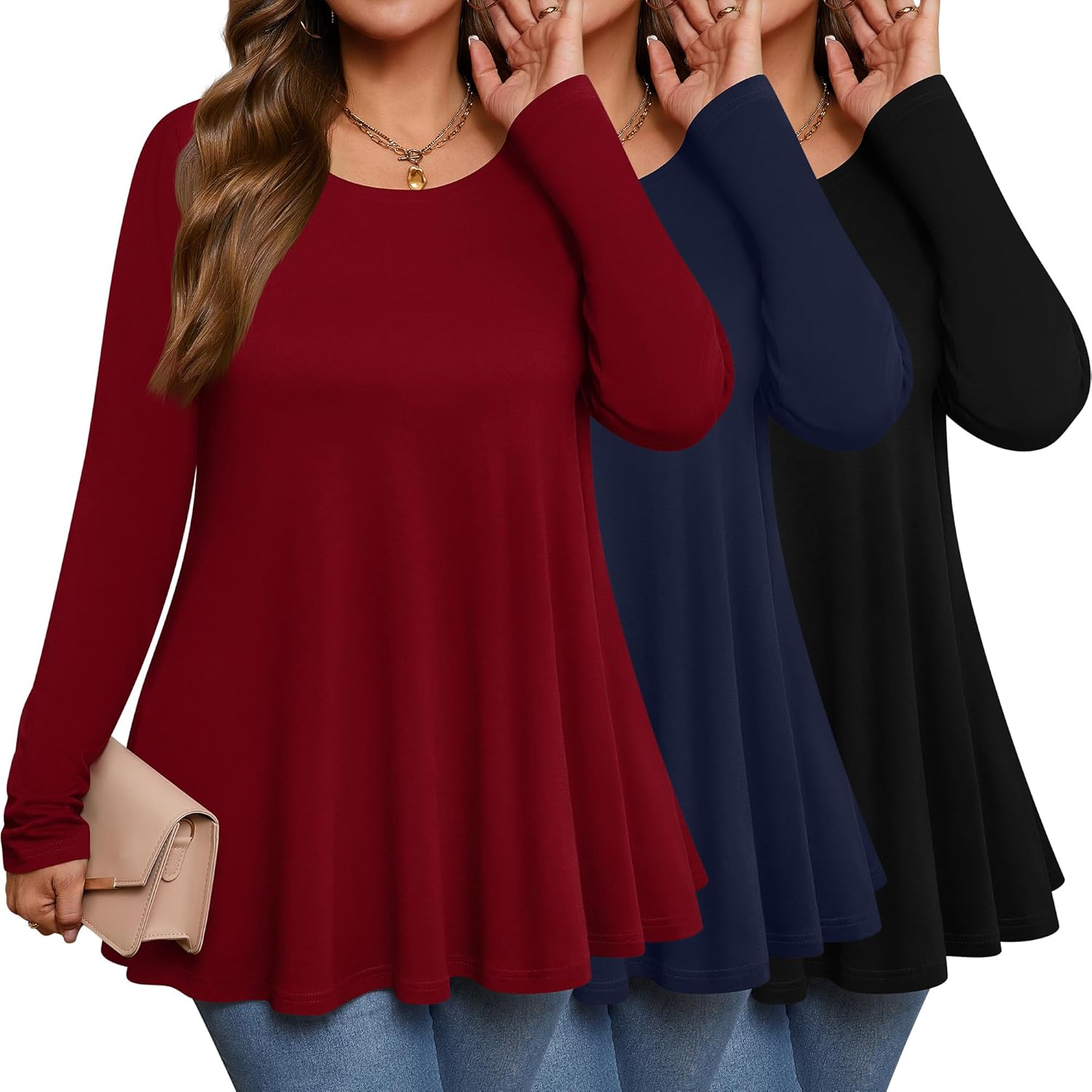 3 Pack Women's Plus Size Tunic Top Casual Long Sleeve Shirts Knitted Loose Fit Blouse Wear with Leggings