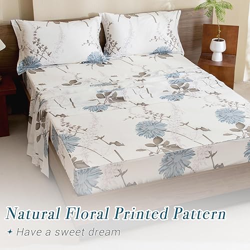 Miniatura 3 de Lady Ann Sábanas florales 100% algodón tamaño matrimonial, flores azules impresas en blanco roto sábanas botánicas de algodón tamaño matrimonial
