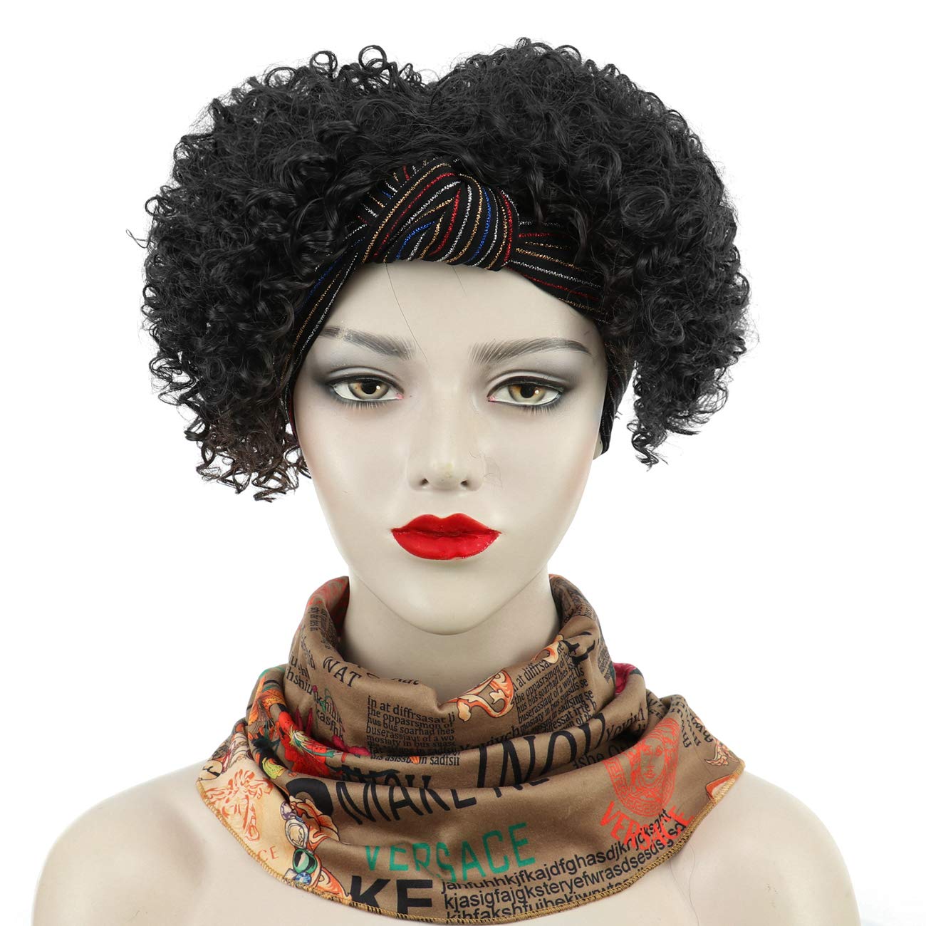 Afro Kinky Curly Wrap Wigs for Black Women Headband Wigs with Bangs Synthetic Short Curly Wigs 2 in 1 Headwrap Turban Wigs Afro Puff Drawstring Ponytail with Red Hair Scarf (DJF-BLACK-1B)