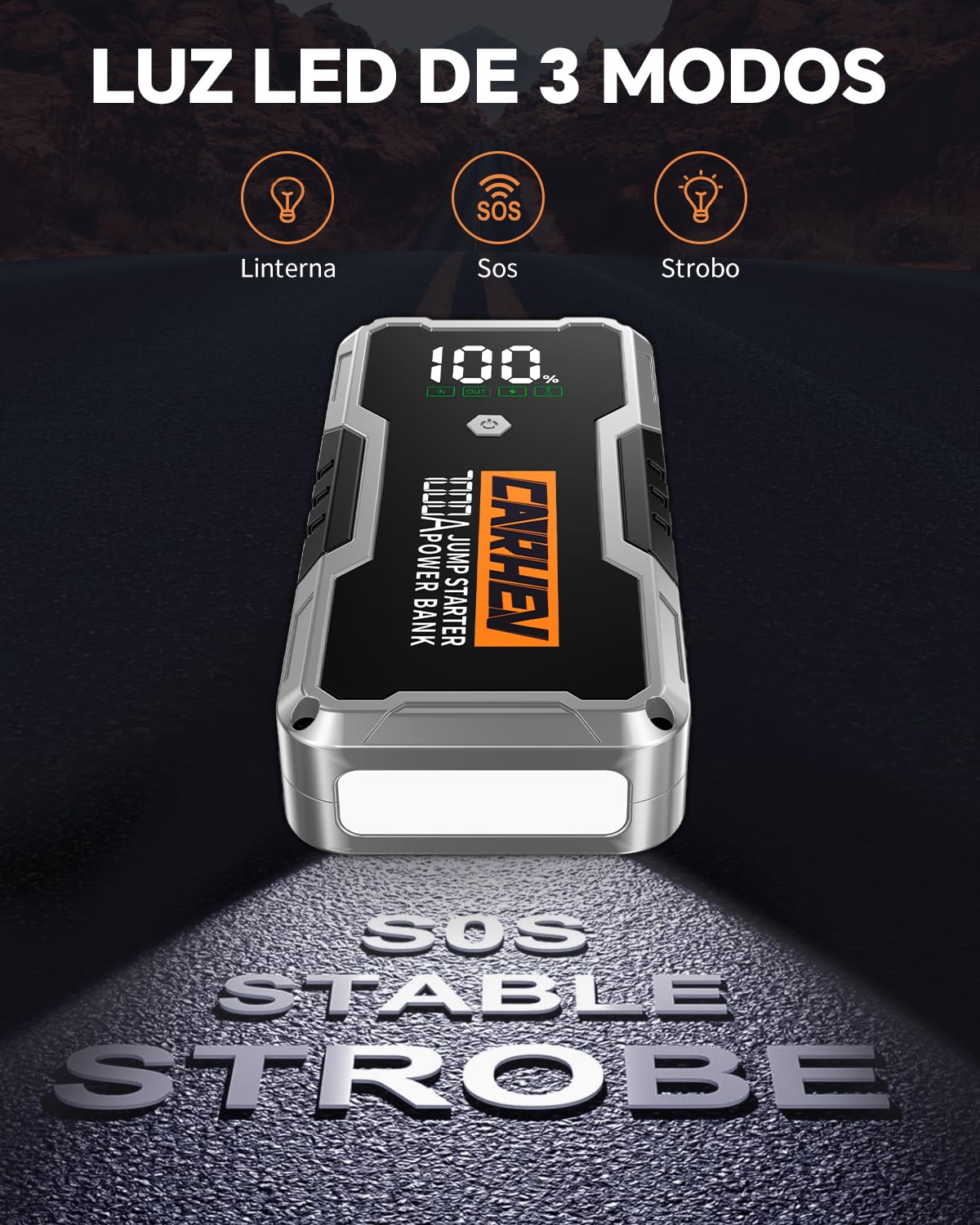 CARHEV Arrancador de Coches 7000A, 12V Arrancador de Bateria de Coche Portátil Compatible con Motores de Gasolina y diésel de hasta 10 litros, Jump Starter con Linterna LED y Pinzas bateria Coches