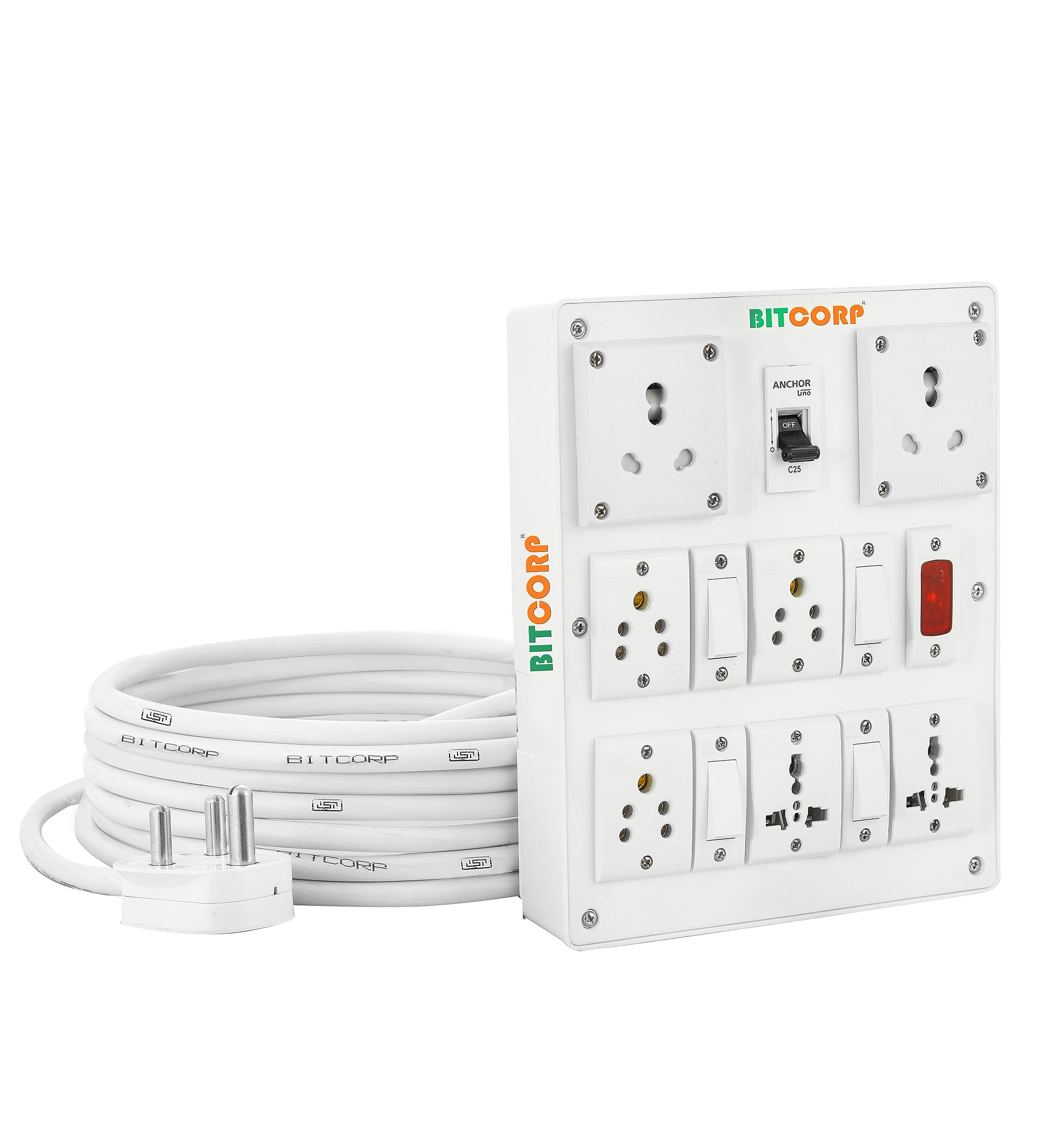 BITCORP Extension Cord(3500W) 6A 16A 20A Spike Guard Thermal Protection 4 Way Multi Outlet 3 Pin 2 Switch Power Cord With 2 Meter Long Wire Cable Suitable For Small&Heavy Duty Appliance,220 Volts