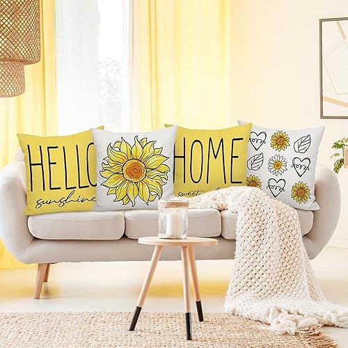 Miniatura 4 de Harraca Juego de 4 fundas de almohada de primavera y verano de 18 x 18 pulgadas, diseño de girasol amarillo, para decoración del hogar, sofá,