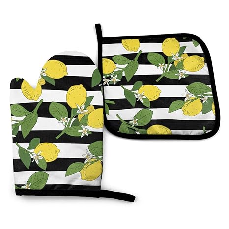 MSACRH Yellow Lemon Oven Mitts and Pot Holders Sets of 2,Resistant Hot Oven Mitts and Potholders BBQ Gloves with Polyester Silicone Non-Slip Cooking Gloves for Kitchen,Cooking,Baking,Grilling