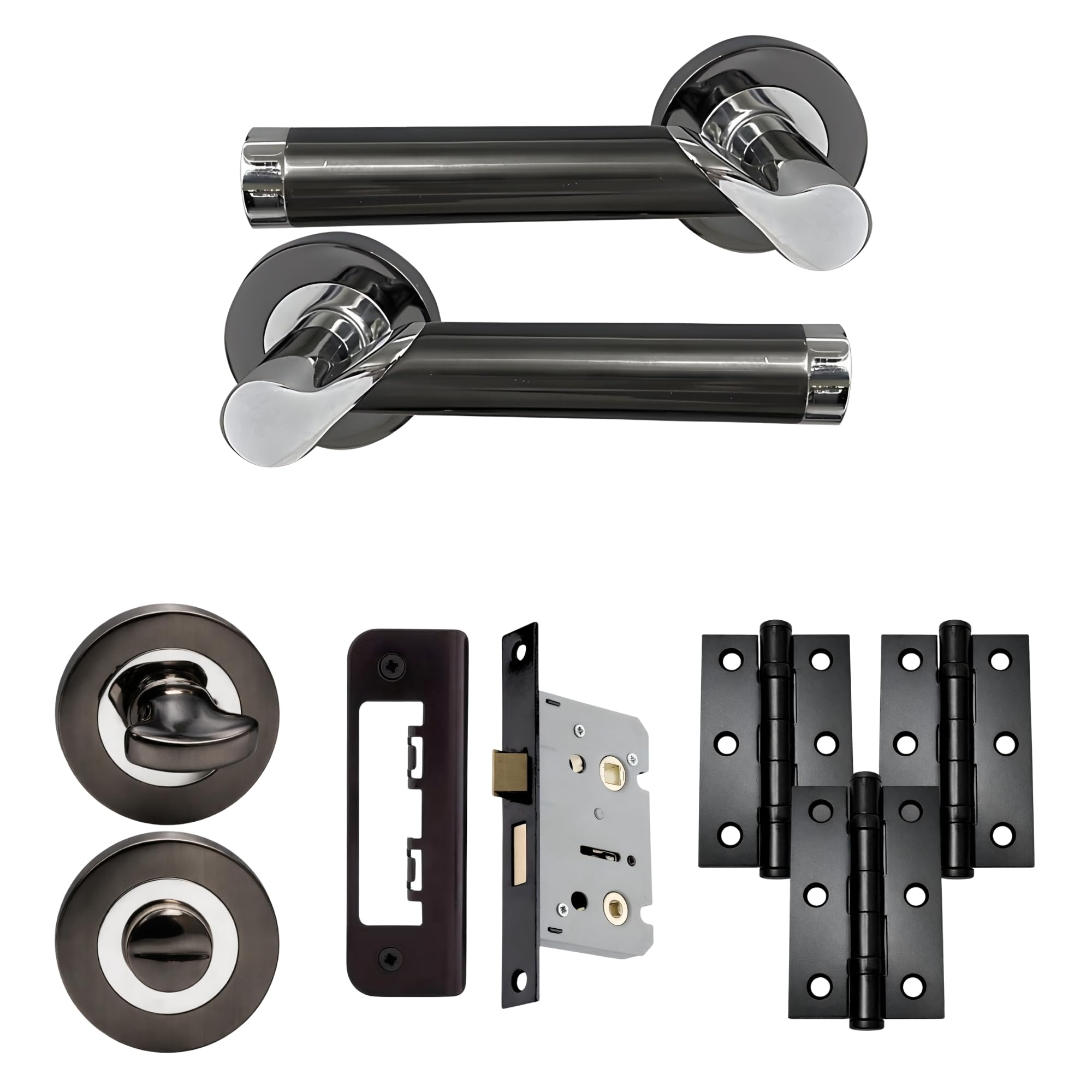 UAP Enterprise Internal Door Handles Bathroom Pack with Lock, Hinges, and Escutcheon Polished Chrome/Black, 65mm