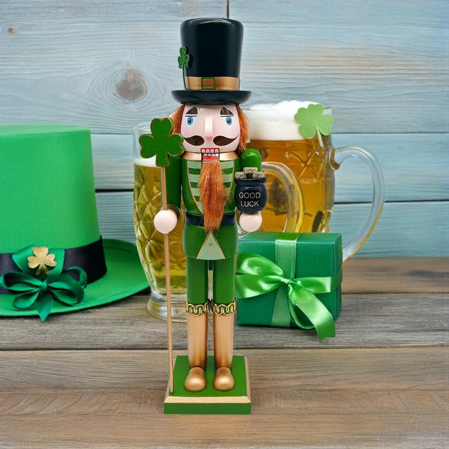 Wooden Nutcracker Figurine 15 Inch Irish Shamrock Soldier Christmas Nutcracker Ornament Festive Holiday Decor for Saint Patrick’s Day and Christmas Display
