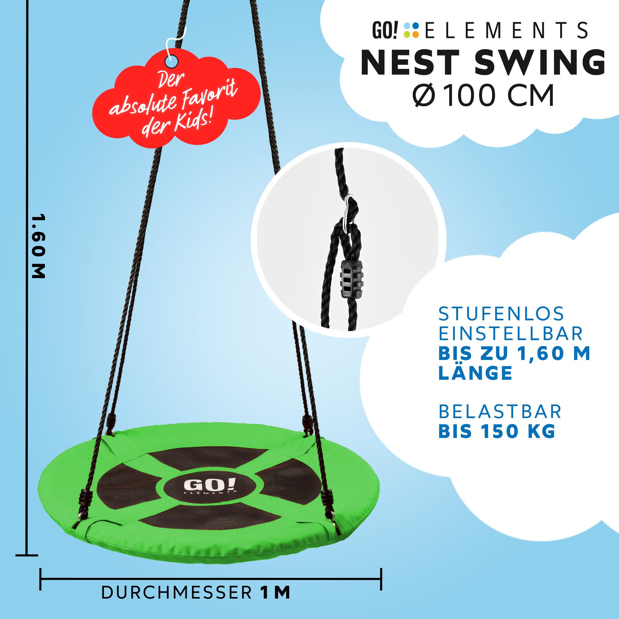 GO!elements Nestschaukel Outdoor | Kinderschaukel oder Gartenschaukel | Höhenverstellbare Schaukel für Kinder & Erwachsene (Familienschaukel) bis 150 KG belastbar | Größe: ø 100cm, Farbe: Grün