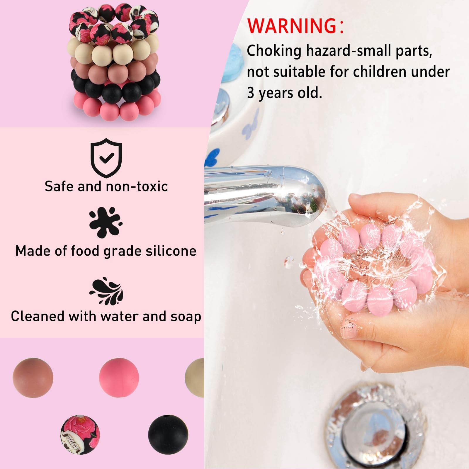 ASTARON 100 Pcs 15mm Silicone Beads for Keychain Making Off-White Pink Black Round Beads for Bracelets Crafts Beadable Pens Decorations Jewelry Making Party Favors Supplies - Image 3