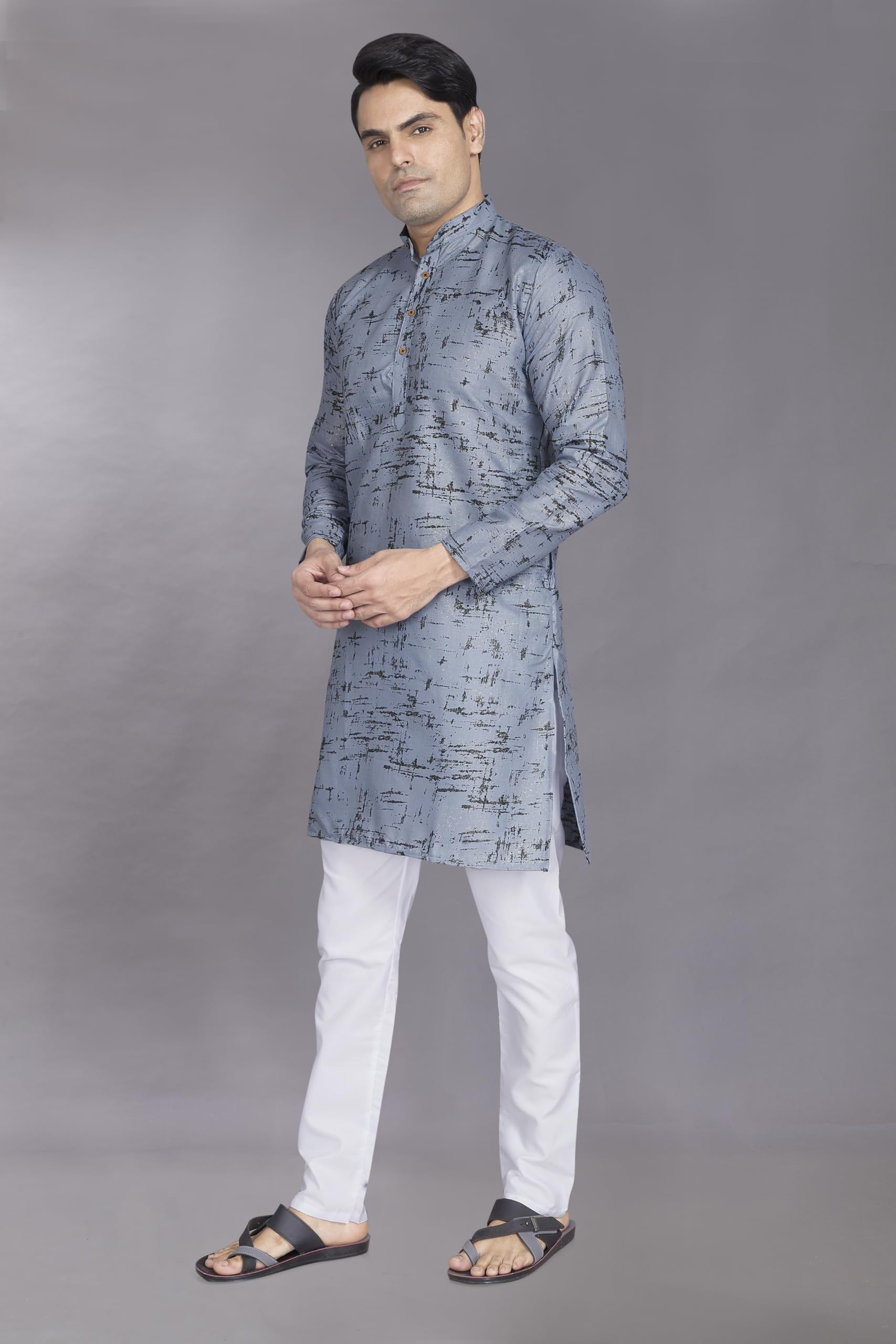 Divisive Men's Printed Cotton Blend Linen Slim Fit Kurta Pyjama Set (Dkrt873_M_Grey)