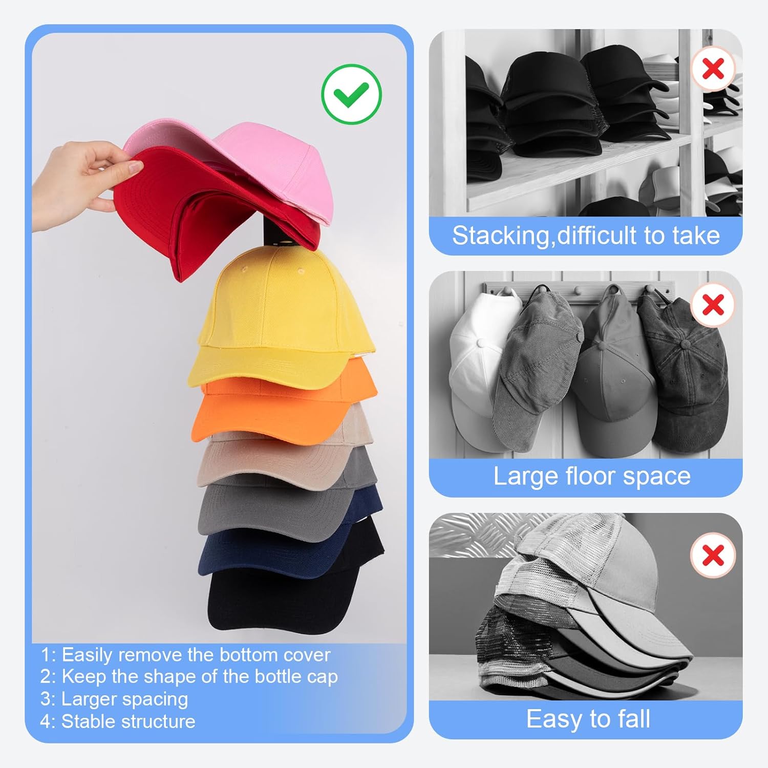 Hat Organizer for Baseball Caps, 2 Pack Black Hat Rack for Wall Hold up to 18 Hats Strong Adhesive Hat Hooks Stand Hat Hanger Organizer Storage Holder Display for Door Closet - Image 2