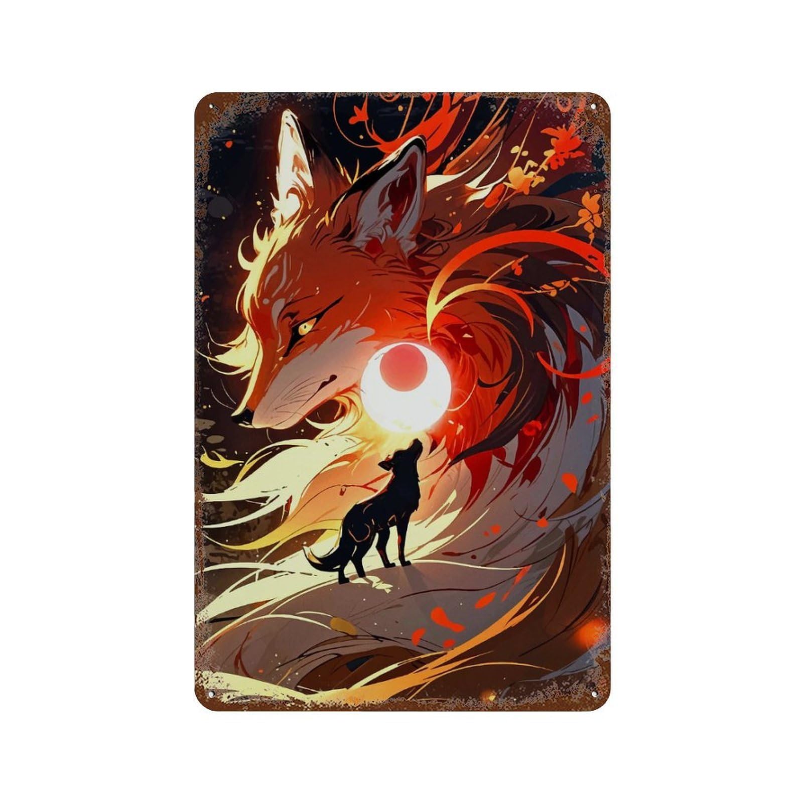 Kitsune Japanese Fox Vintage Metal Tin Sign 11.8"x7.9", Farmhouse Wall Decor for Garage, Bar And Workshop Decor