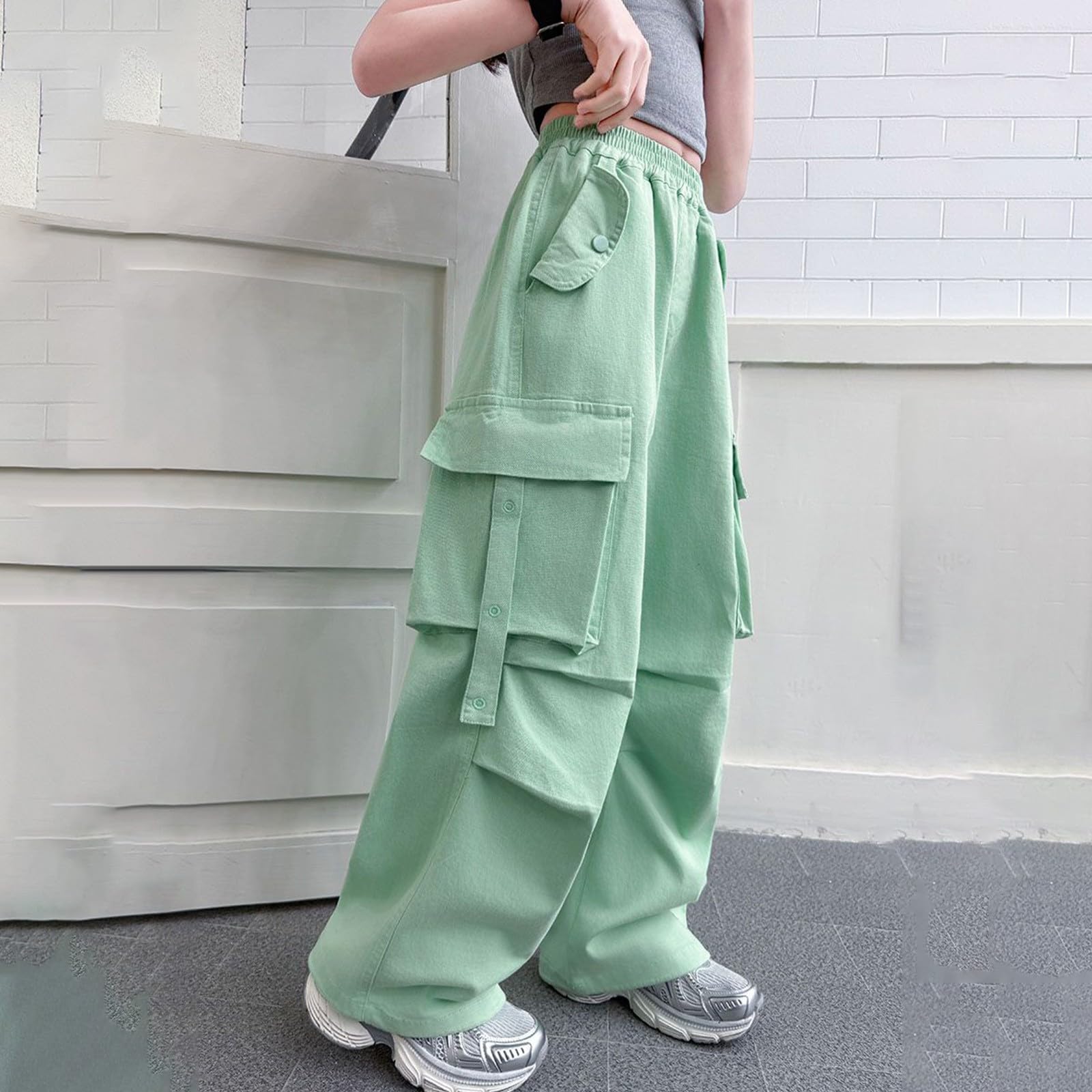 Baggy Cargohose Mädchen High Waist Cargo Hose Girls Weites Bein Stretch Elastischer Bund Trainingshose Kinder Hohe Taille Y2K Streetwear Lässige Sweatpants Jungen