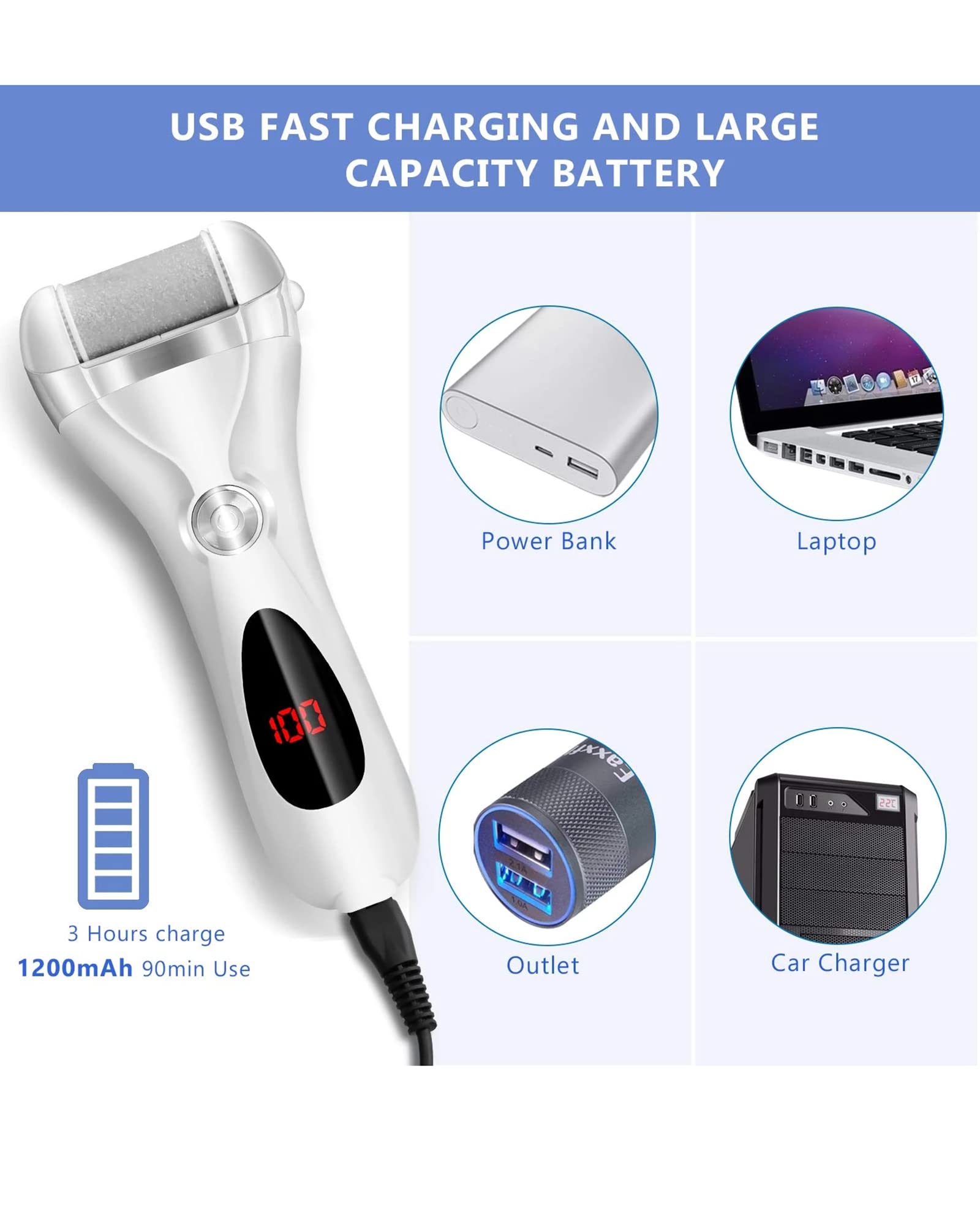 Removedor de Callos USB Lima eléctrica para pies Pantalla Digital LED Herramientas de Cuidado de pedicura con 3 Cabezales de Rodillos y 2 velocidades para Talones agrietados y Piel Muerta,