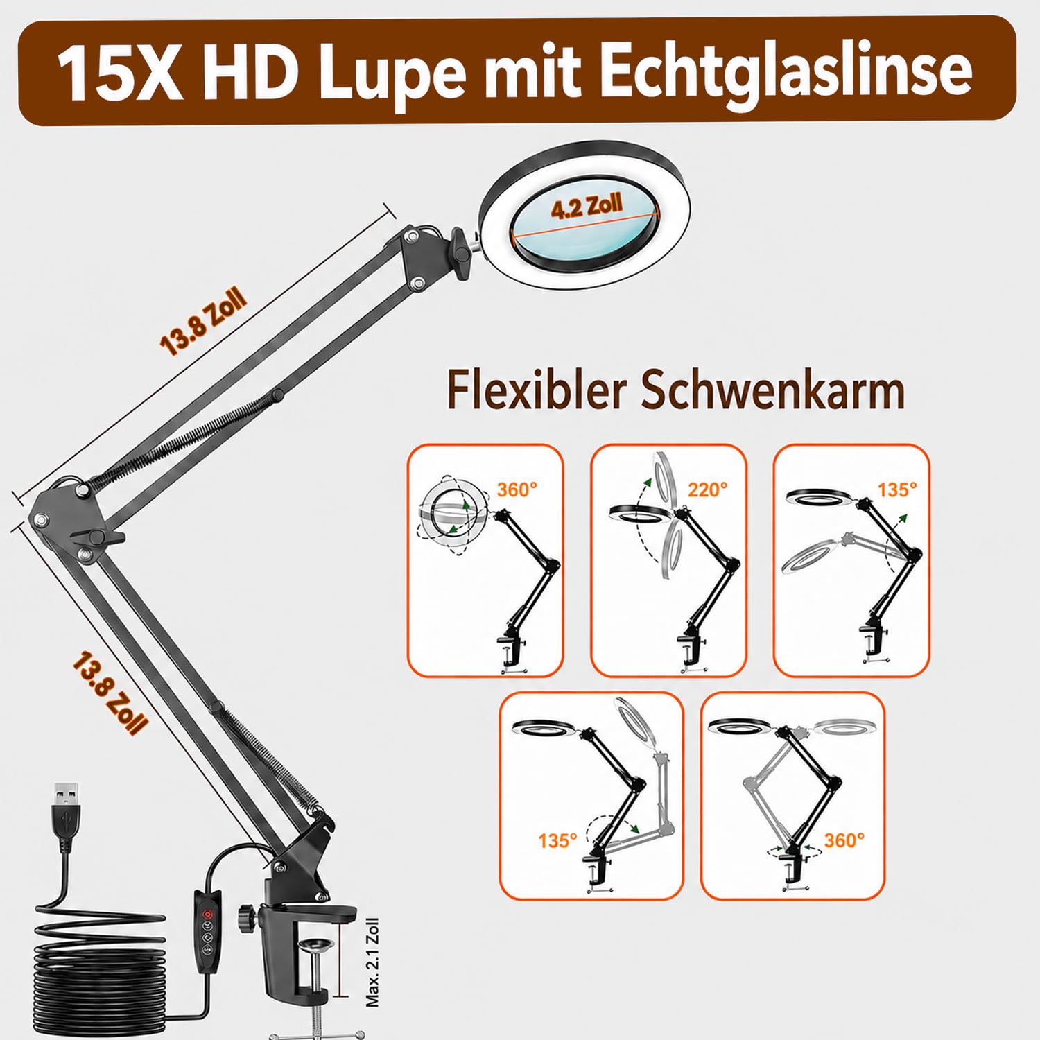 Lampada con lente di ingrandimento a LED con morsetto, ingrandimento fino a 15 volte a seconda della distanza, lampada dimmerabile con 3 modalità di colore, lente d'ingrandimento da tavolo con luce
