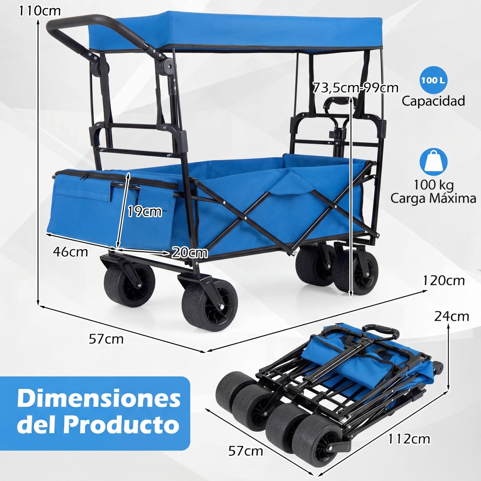 GOPLUS Carrito de Playa con Ruedas, Carrito Plegable con 4 Ruedas, 2 Giratorias, Toldo Desmontable, Cesta, Asa Ajustable y Barra de Empuje, Todo Terreno para Jardín, Picnic y Camping (Azul)