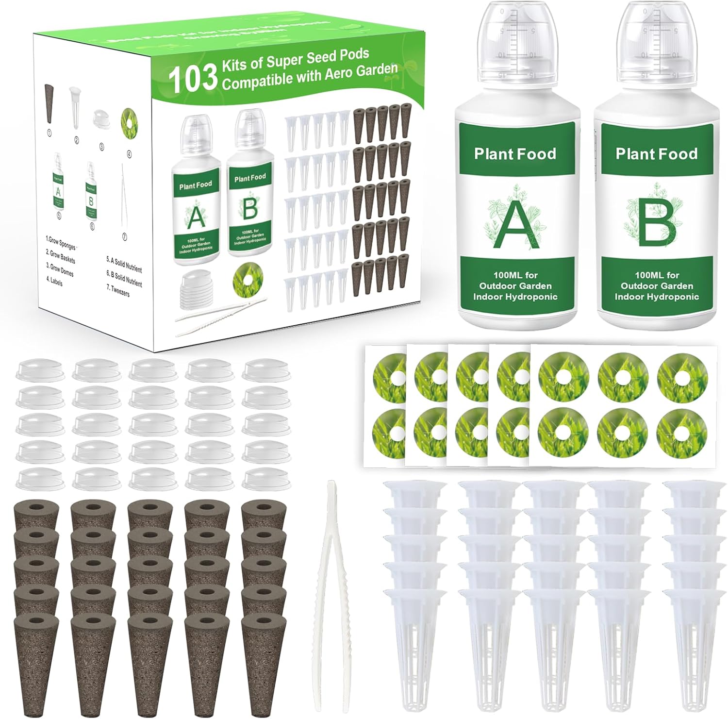 Replacement for Aerogarden Pods Hydroponic Accessories, Grow Anything Seed Pods Kit with 25 Grow Sponges, 25 Grow Baskets, 25 Pod Labels, 25 Grow Domes and 200ml A&B Plant Food Nutrients