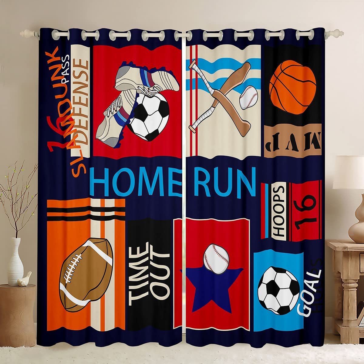 Kids Sports Curtains for Bedroom Football Basketball Baseball Bedding Boys Teens Sports Window Treatment W66*L90