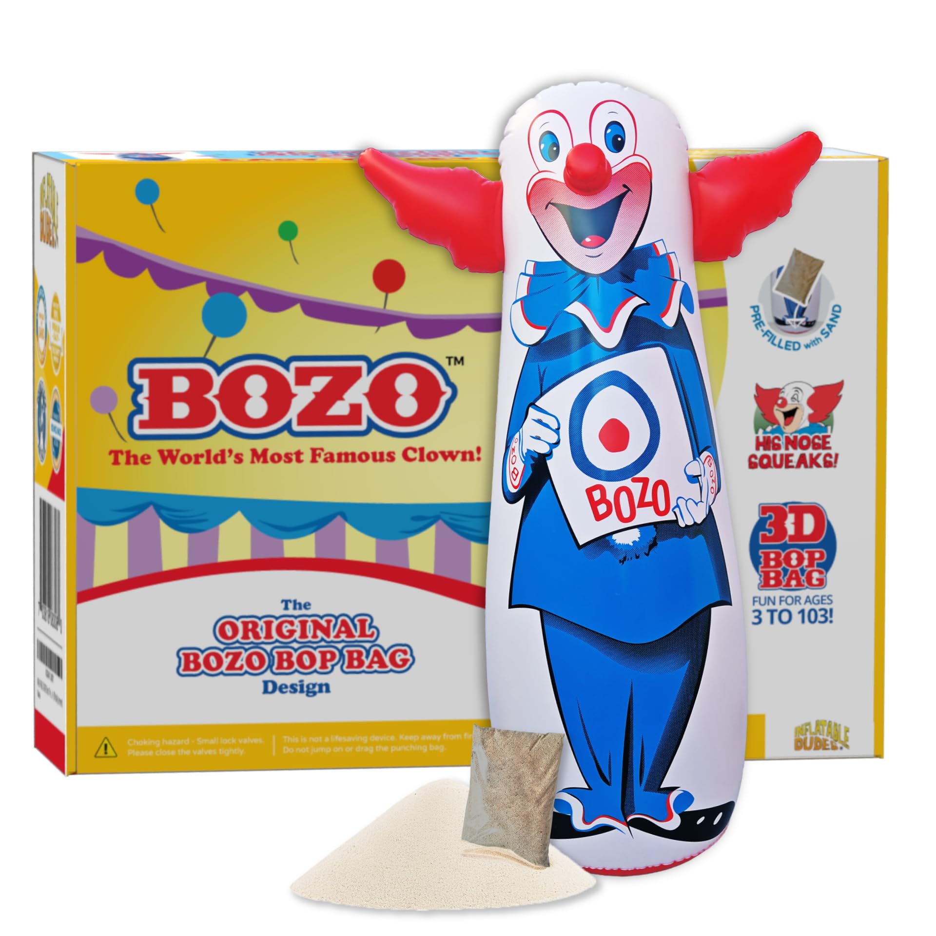 INFLATABLE DUDES Bozo The Clown 47 Inches – The Original Bop Bag Design | Kids Punching Bag | Already Filled with Sand | Punching Bag for Kids |