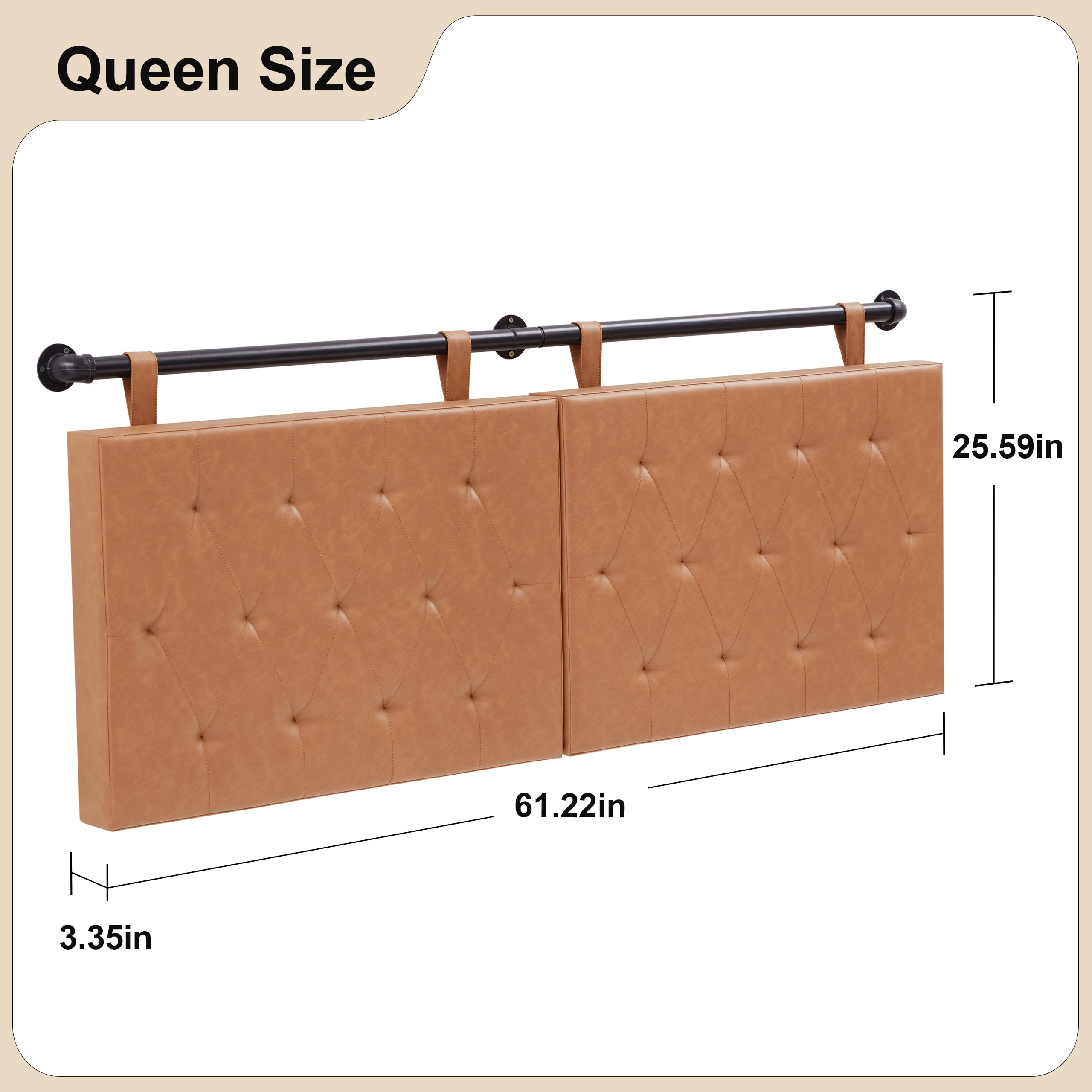 POHARE Wall Mounted Headboard Queen, Upholstered Faux Leather Headboard for Queen Size Bed, Modern Padded Hanging Headboard for Bedroom, Durable Head Board, Buttonless Tufting, Leather Brown