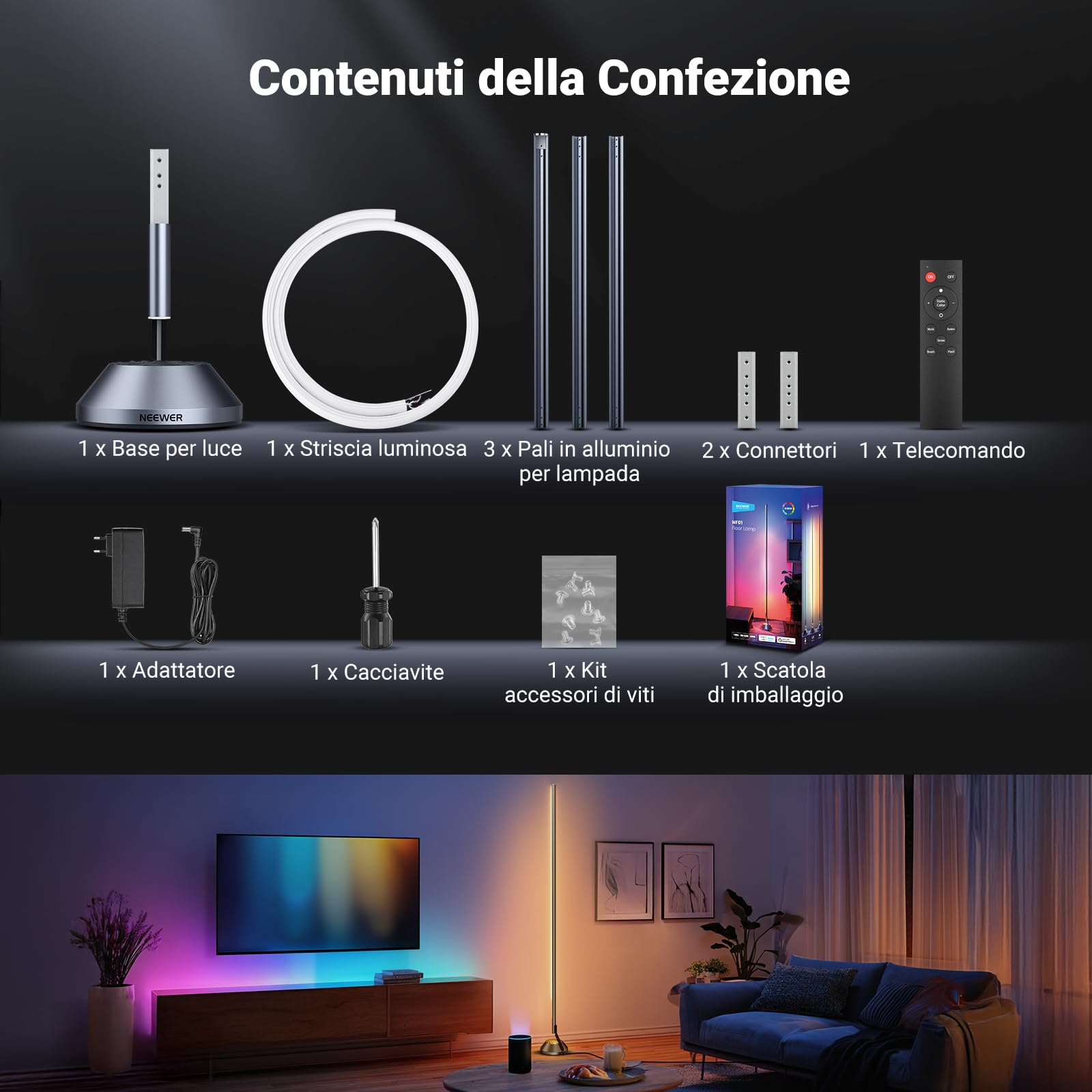 NEEWER Lampada Terra Intelligente RGB IC W,1500lm Luce Angolare a LED Compatibile con Google Alexa,Controllo APP/AI DIY/Sync Musicale/16 Milioni Colori, Illuminazione per Camera Letto, Soggiorno,NF01