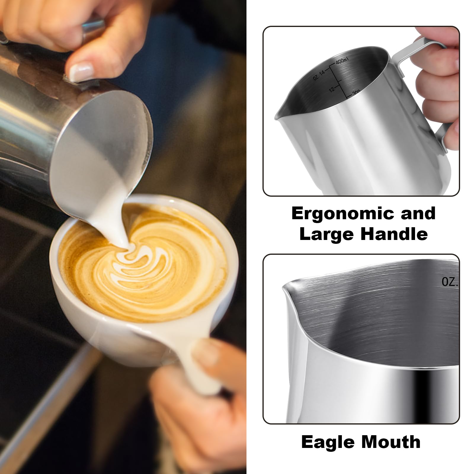 Jarra Espumadora de Leche de 400 ml Con Bolígrafo de Arte Para Decoración, Jarra de Metal Barista Para Máquina de Café (Plateado)