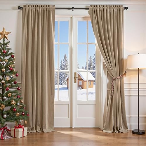 Lazzzy Cortinas de terciopelo, color beige, con aislamiento térmico, para dormitorio o sala, oscurecen habitación, decoran ventana, con pasabarras,