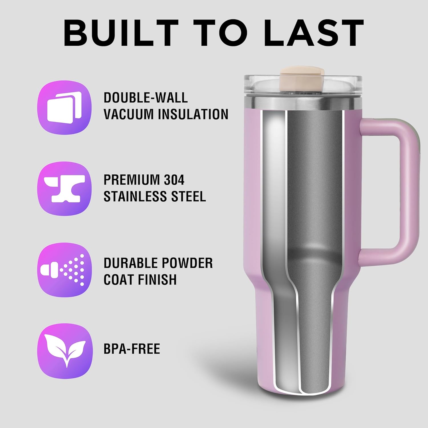 40 oz Stainless Steel Tumblers with Handle, Spill-proof Lid and Straw, Double-Walled Insulated, BPA-Free, Perfect for Hot and Cold Drinks, Light Purple - Image 5
