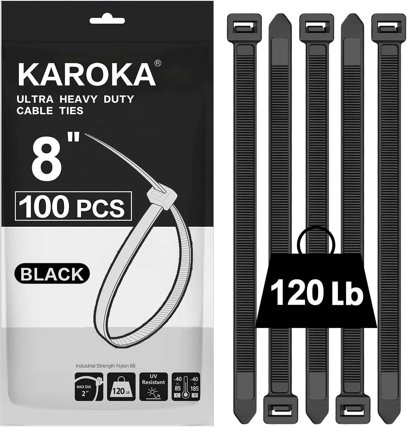 Zip Ties 8 inch Heavy Duty Zip Ties with 120 Pounds Tensile Strength, Black Cable Ties, 100 Pieces,by Karoka
