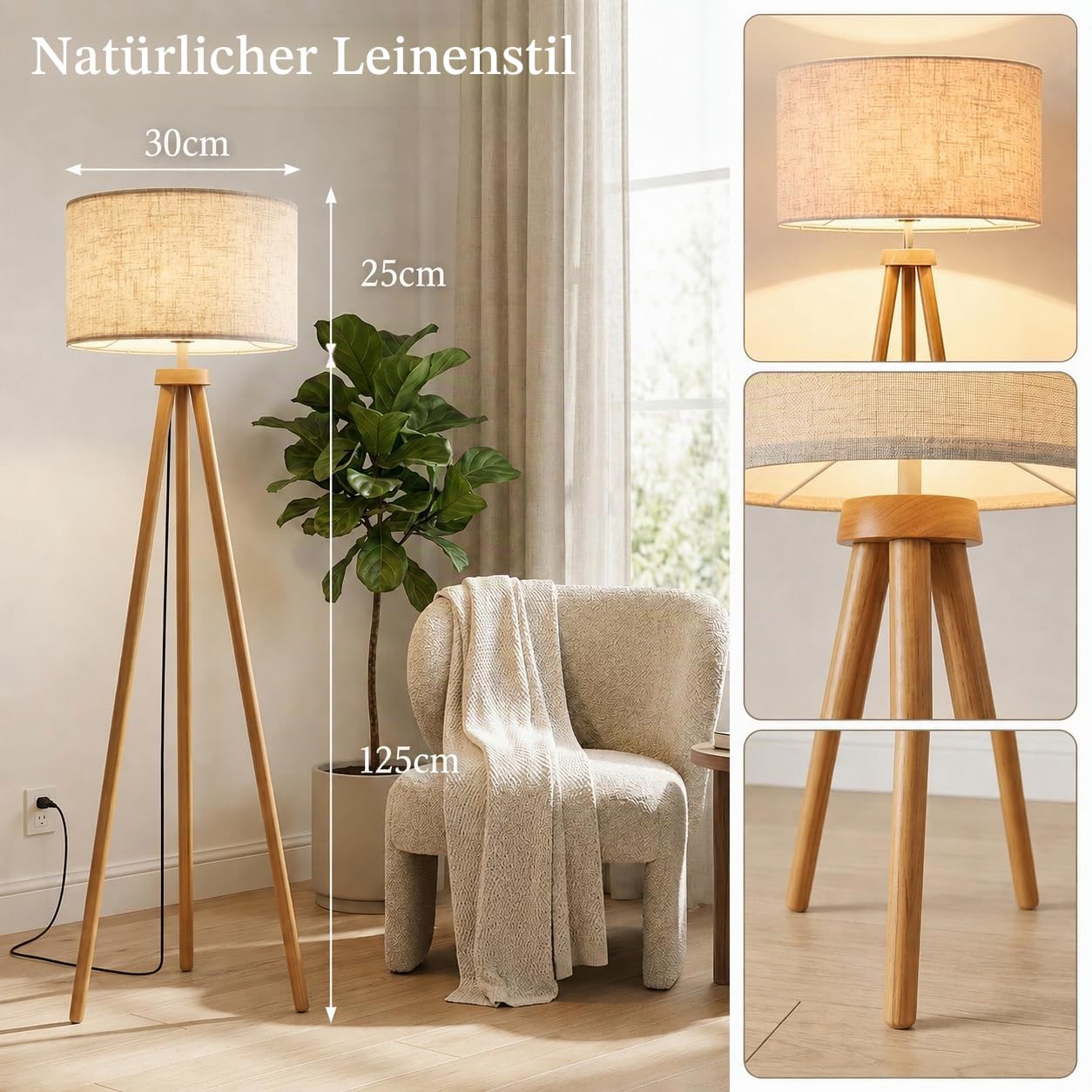 Stehlampe Wohnzimmer Dimmbar Dreibein Holzoptik-Metall, Inkl. 12W LED Moderne Stativ Stehleuchte 3 Farbtemperatur Fußschalter Retro Leselampe mit Stoffschirm für Schlafzimmer & Büro