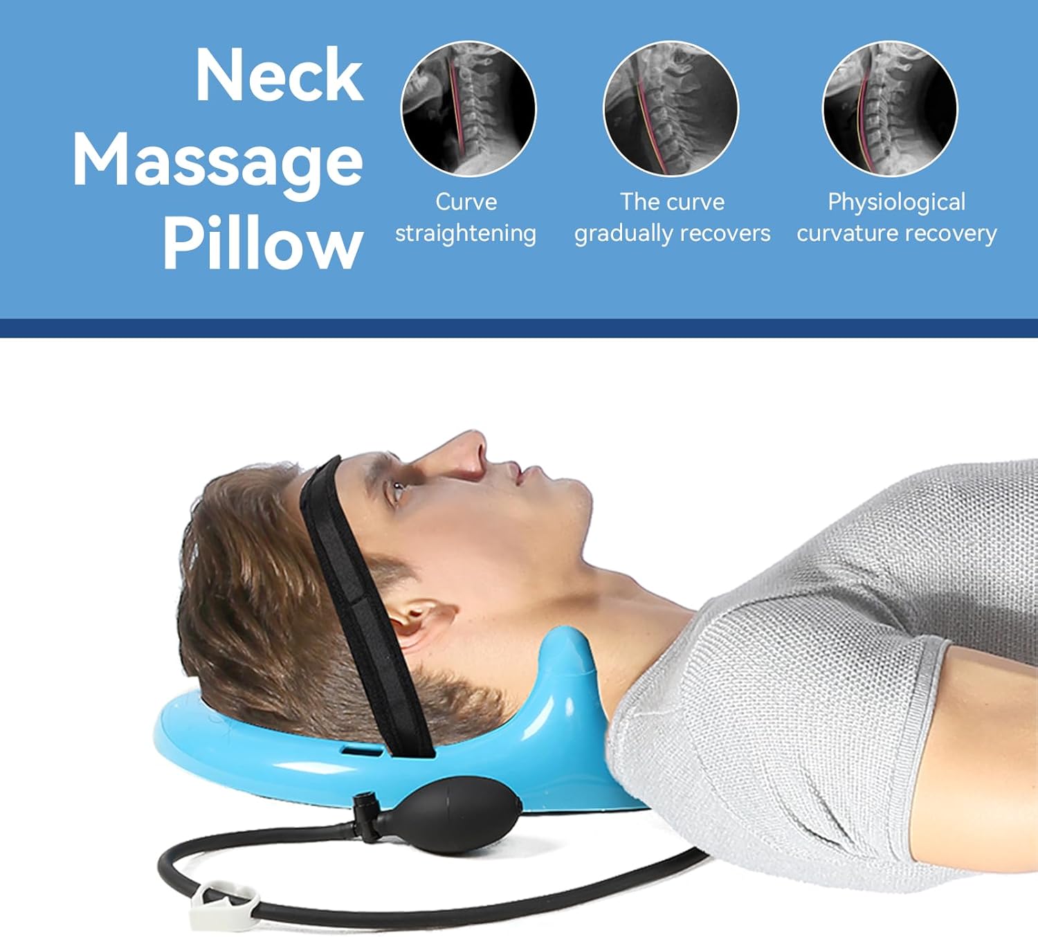 Cervical Traction Device, Inflatable Neck Stretcher Massage Pillow with Adjustable Traction Band and Air Inflation Pump for Neck Pain Relief