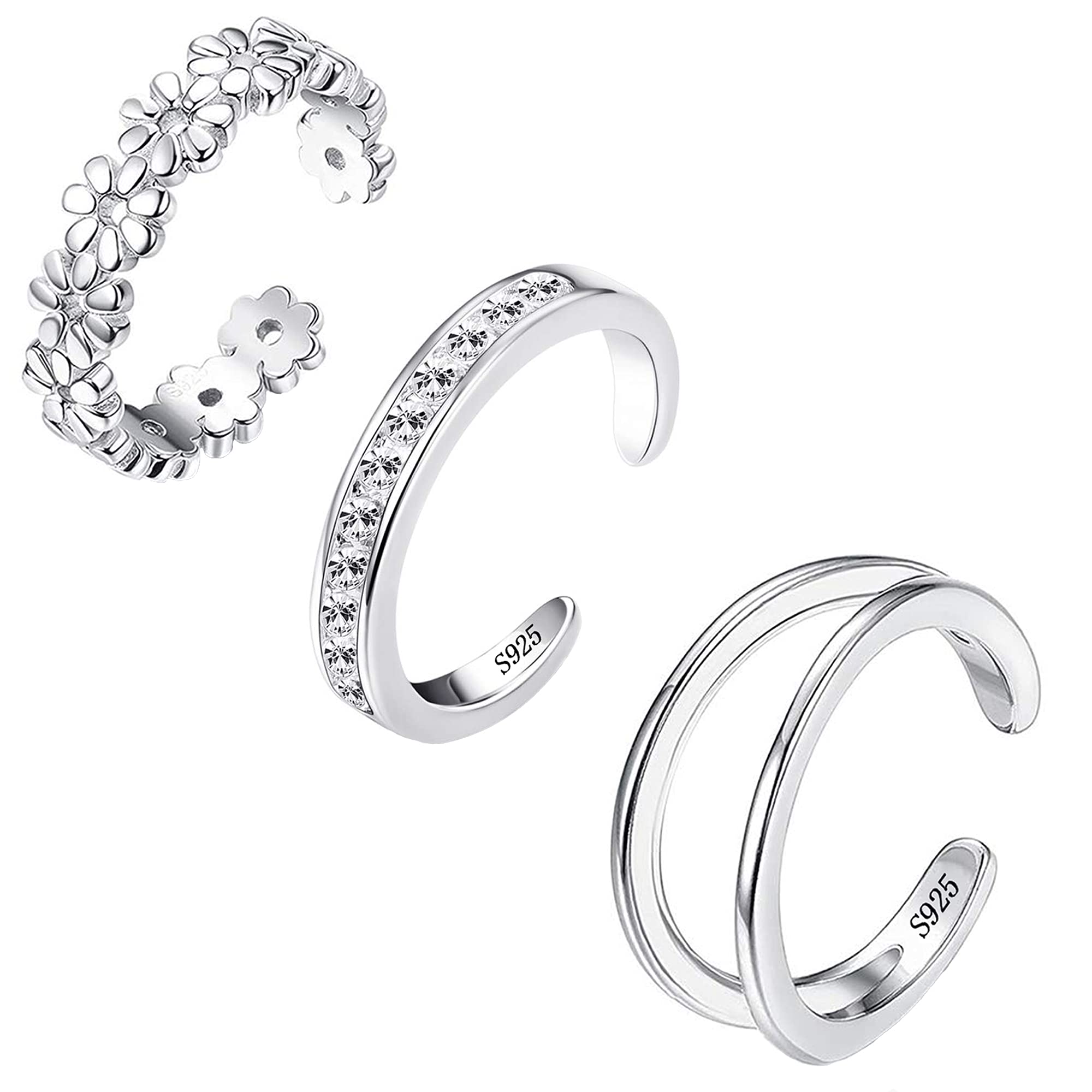 MJust3pcs 925 Sterling Silver Toe Rings Set for Women Hypoallergenic Adjustable Open Flower CZ Band Tail Toe Ring Jewelry Set