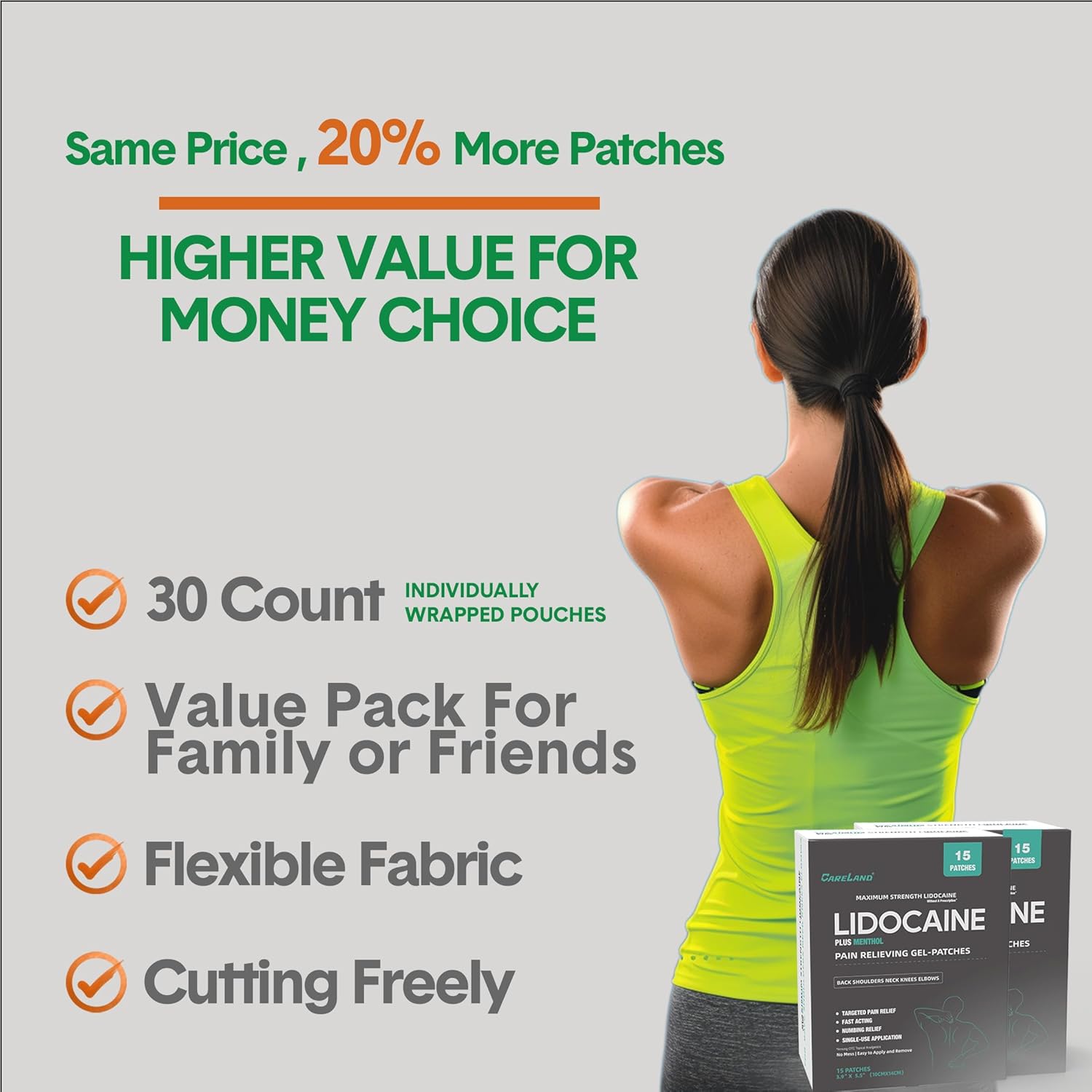 CARELAND 4% Lidocaine Patches Plus 1% Menthol 30 Pack Pain Relief Patches Maximum Strength lidocaine, Back Pain Relief Products, for Neck Knee Joint Pain Nerve Shoulder Pain Relief