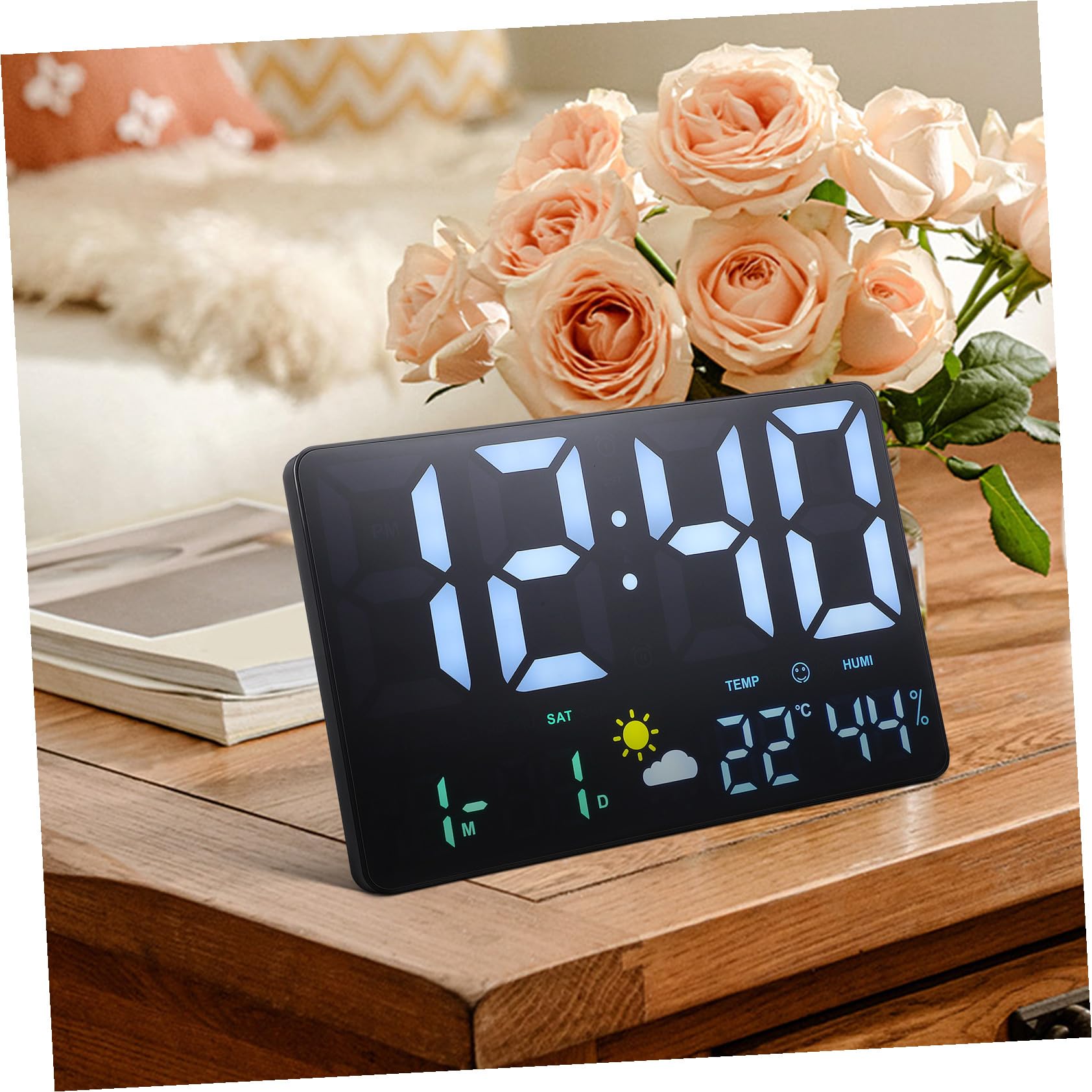 BESPORTBLE Digitale Wanduhr mit LED Display aus Kunststoff Temperatur und Luftfeuchtigkeitsmessung Wetterstation für Wohnzimmer mit Mehrfarbiger Beleuchtung und Weckerfunktion